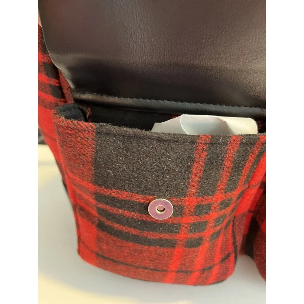 BEARPAW Faux Shearling Trim Drawstring Backpack, Red and Black Buffalo Plaid